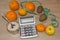 Healthy natural organic food diet, ripe harvest. Fruit composition, measuring tape, calculator