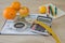 Healthy natural organic food diet, ripe harvest. Fruit composition, measuring tape, calculator with diet plan