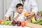 Healthy and nutrition concept. Kid learning about nutrition with doctor to choose eating fresh fruits and vegetables.Young asian b