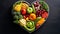 Healthy nutrition eating with fresh fruits and vegetables in heart shape