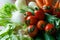 Healthy nutrition with fresh raw vegetables: a low angle close up view of a group of salad ingredients, lettuce, tomatoes,