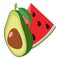 Healthy nutrition icon isometric vector. Green avocado half and watermelon piece