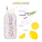 Healthy nutrition. Lavender Lemonade recipe. Glass with Lilac beverage and fruit and vegetable ingredients with