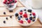 Healthy and nutritious yogurt with cereal and fresh raw berries