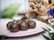 Healthy organic date energy balls with dark chocolate, dried fruits and nuts. Food for healthy lifestyle