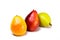 Healthy organic snacks on a white background with text space. Yellow green red pears.