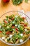 Healthy Pasta, Feta, Rucola Salad Closeup