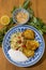 Healthy plate with fried vegetables meatballs and yogurt sauce. Mediterranean food dishes with oriental couscous with peppers and