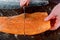 Healthy preparation chef is cuting salmon on cutting table board