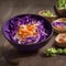 Healthy purple cabbage salad with veggies on a rustic table, veggie, vegan or vegetarian diet. Generative AI