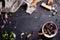 Healthy purple salad mix with fresh french bread over rustic wooden table, from above. Background layout with free text spac