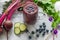 Healthy purple smoothie loaded with fresh ingredients