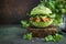 healthy raw avocado burger with salted salmon and fresh vegetables. selective focus