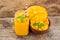 Healthy ripe Yellow Mango Smoothie, Mango fruit and mango cubes