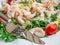 Healthy salad plate. Fresh seafood recipe. Shrimps and fresh vegetable salad ,prawns. Healthy food. Flat lay. Top view