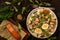 Healthy salad with salmon, potatoes, eggs and ruccola.