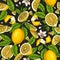 Healthy seamless pattern with whole lemon, slices pieces, half, flower, seed and leaves