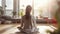 Healthy Serene Young Woman Meditating at Home, on Floor in Living Room, Back View. Generative ai