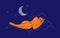 Healthy sleep or sweet dream concept with woman sleeping on clouds bed in night starry sky