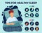 Healthy sleep tips infographics. Causes of insomnia, good sleep rules and man sleeps on pillow vector illustration