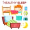 Healthy Sleep Vector. Pillow, Sofa, Alarm Clock, Moon. Isolated Flat Cartoon Illustration