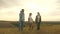 Healthy smiling family, holding hands, walking across field at sunset in mountains, little daughter riding on daddy`s