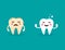Healthy smiling teeth with shining stars. Crying yellow bad ill tooth. Teeth care design. Cute tooth with happy and sad emoji. Den