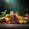 Healthy smoothie with fresh fruits and vegetables on wooden table on dark background