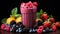 Healthy smoothie juice for diet in glass with fresh fruit and berries on plain background