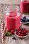 Healthy smoothie with raspberries, berries on plates and drinking straws.