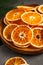 Healthy snack. Dried orange slices closeup.