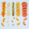 Healthy snack. Homemade dehydrated fruit chips on white background. Dry orange, grapefruit, mango, banana, kiwi. Diet food. square