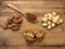 Healthy snacks and cinnamon powder on the wooden cutter board background