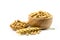 Healthy soybeans In a wooden cup On white background.