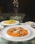 Healthy spaghetti dinner. Traditional Italian pasta with meatballs and cheese. Italian cuisine concept