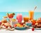 Healthy summer breakfast on beach near sea water. Summer holiday or vacation background. Created with generative Ai