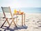 Healthy summer breakfast on seaside. Folding chair and wooden table on sand beach near sea water. Summer holiday or vacation