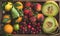 Healthy summer fruit variety. Melon, sweet cherries, peach, strawberry, orange and lemon on wooden tray background