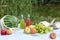 healthy summer vacation picnic with watermelon, delicious fruits