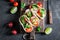 Healthy tacos with cherry tomatoes and radish
