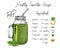 Healthy tasty smoothie recipe and illustrations of painted ingredients and jar