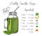 Healthy tasty smoothie recipe and illustrations of painted  ingredients and jar