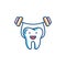 Healthy teeth line icon, Strong tooth holds the barbell. Dental care logo concept, dental clinic logotype template