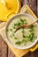 Healthy thick egg soup with green onions close-up in a bowl. Vertical top view