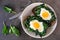Healthy toasts with spinach and egg on a plate, above view over dark stone