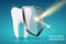 Healthy tooth and glass shield with lightning, anti-caries concept