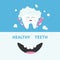 Healthy tooth holding paste and brush. Bubbles foam. Smiling mouth. Banner set. Cute cartoon character. Oral dental hygiene Childr