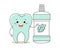 Healthy tooth kawaii character with tooth rinse, cute cartoon character. Dental care. Illustration, icon