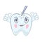 Healthy tooth looking to stomatological instrument which touching them and showing thumb up.