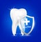 Healthy tooth and shield aluminum transparent. Teeth healthy sparkling white with Calcium, Fluorine and Phosphorus.